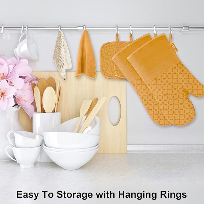 KEGOUU Oven Mitts and Pot Holders 6pcs Set, Kitchen Oven Glove High Heat Resistant 500 Degree Extra Long Oven Mitts and Potholder with Non-Slip Silicone Surface for Cooking （Orange）