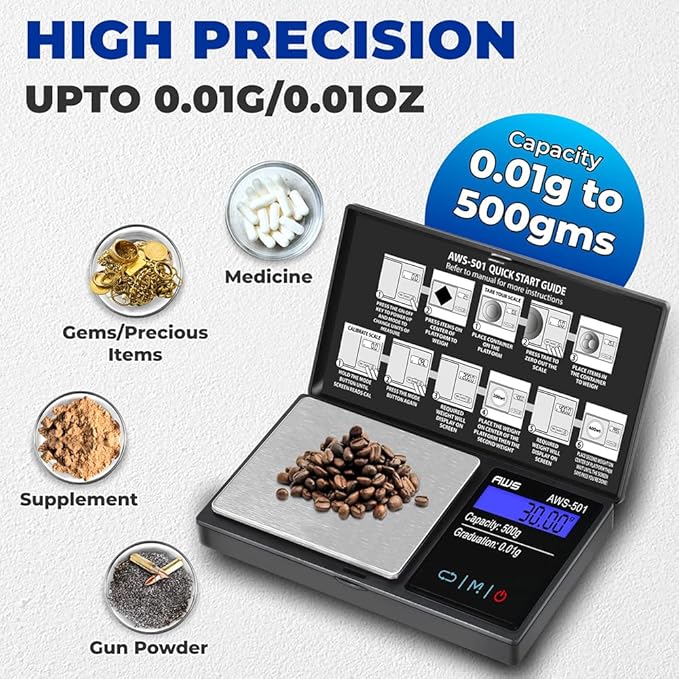 Series Digital Pocket Weight Scale 600g x 0.1g |Digital Gram Scale Small Scale Mini Food Scale Jewelry Scale Ounces/Grains Scale, Easy to Carry - AMERICAN WEIGH SCALES (Black, 500g x 0.01g)