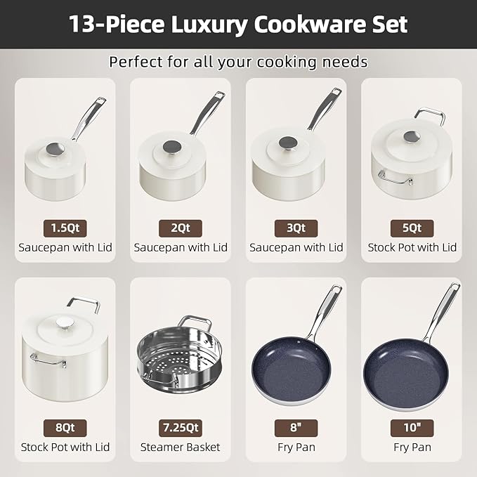 Nuwave Lux 13pc Forged Lightweight Cookware Set PFAS Free, Healthy G10 Duralon Ceramic Coating, Ultra Non-Stick, Stay-Cool Handles, Works on All Cooktops & Induction Ready