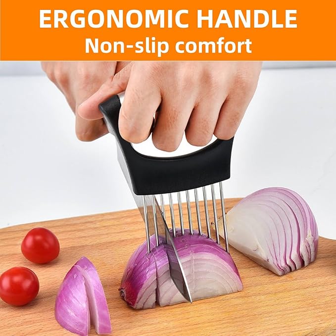 Onion Holder for Slicing, Upgrade Stainless Steel Onion Slice Holder Lemon Slicer Vegetable Cutter, Assistant Tool for Slicing Fruit, Potato, Tomato and Meat (2 Pack)