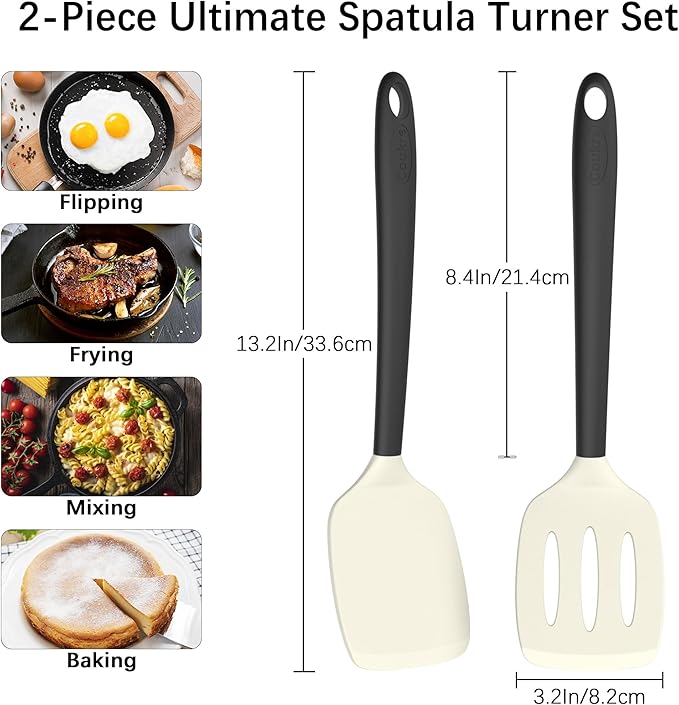 Coukre 2 Pack Silicone Spatula Set, High Heat Resistant, BPA Free Kitchen Spatula, Solid & Slotted Turner for Non-Stick Pans, Sautéing, and Flipping (2, Beige)