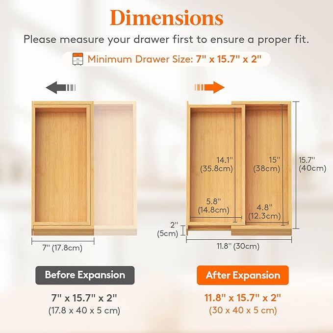 Lifewit Utensil Drawer Organizer, Expendable Cooking Silverware Tray for Kitchen Drawer, Bamboo Adjustable Cutlery Flatware Holder, Spatula Tools and Gadgets Storage Divider, 3 Compartments, Natural