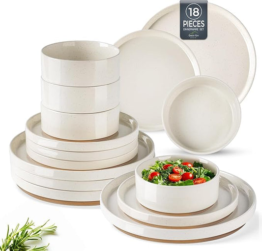 AmorArc Ceramic Dinnerware Set for 6 | Speckled Stoneware Plates and Bowls with Rustic Terracotta Underside| Scratch Resistant,Dishwasher & Microwave Safe Dishes Sets- 18pcs Beige