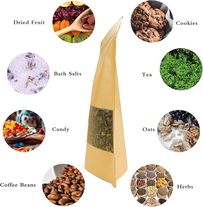 100 PCS Resealable Bags, Stand Up Kraft Paper Bags with Matte Window, Zipper Lock Food Storage Bags for Small Business and Home, 3.93 * 5.9 Inch Reusable Sealable Bags for Packaging