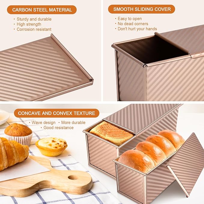 2Pack Loaf Pans with Lids – 2.2 LB & 1 LB Dough Capacity, Non-Stick Carbon Steel Bread Pans for Homemade Sandwich and Sourdough Bread, Corrugated Toast Mold