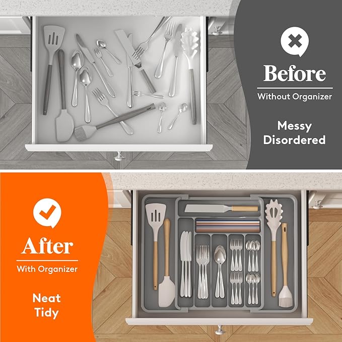 Lifewit Silverware Drawer Organizer, Expandable Utensil Organizer for Kitchen Drawers, Adjustable Cutlery and Flatware Tray, Plastic Spoons Forks Knives Holder Storage Dividers, Medium, Gray