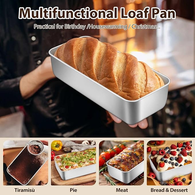 P&P CHEF Loaf Pans for Baking Bread, 12 x 5 Inch Large Stainless Steel Bread Loaf Pan Tins for Homemade Meatloaf Cake Brownies, Healthy & Sturdy, Oven & Dishwasher Safe, 4Pcs