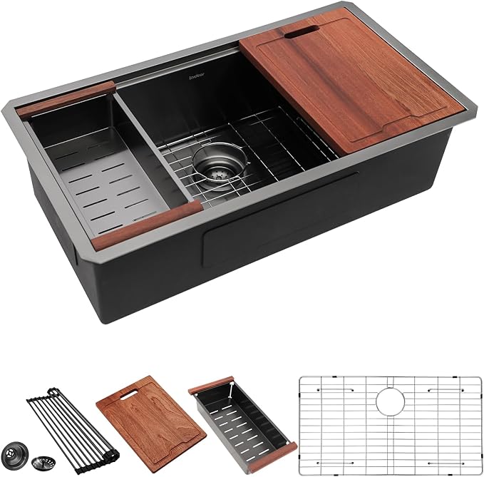 Lordear 32 Undermount Kitchen Sink 32X19 Inch Sinks Ledge Workstation Gunmetal Black 16 Gauge Stainless Steel Single Bowl Under Counter Kitchen Sink Basin with Built- in Accessories