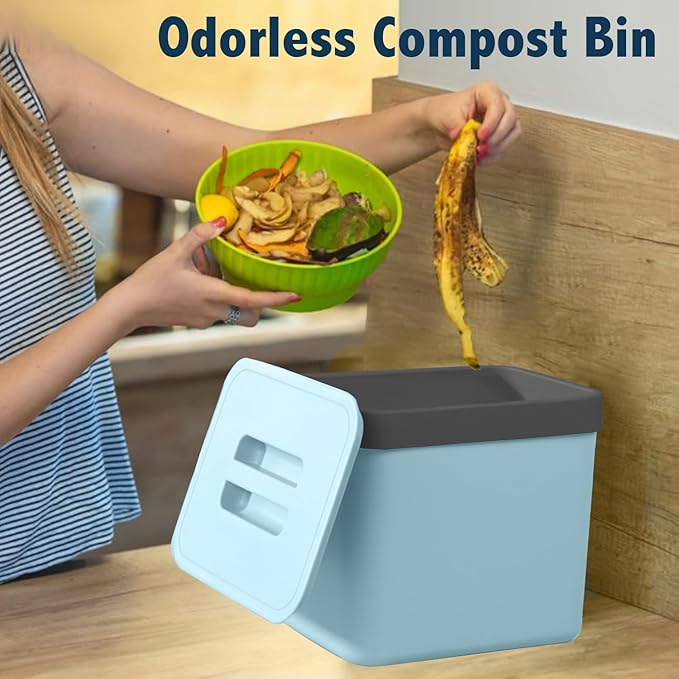 Compost Bin Kitchen, LALASTAR 7L Wall-Mounted Under Sink Small Garbage Can for Kitchen, Odor-Free Food Waste Basket Bin, 1.8 Gallons, Blue