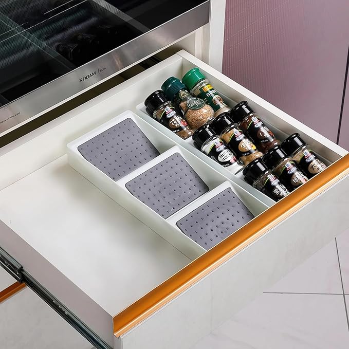 Spice Drawer Organizer, 3 Tier Non-Slip Silicone Seasoning Jars Drawer Insert, Spice Rack Organization for Drawer, Kitchen Spice Rack Tray for Cabinet Countertop Makeup Storage-1 Pack