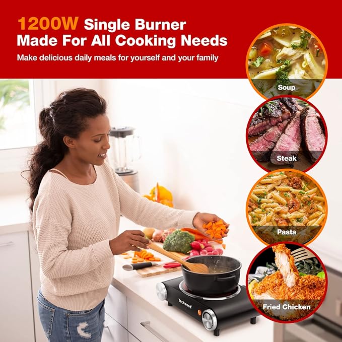Hot Plate, Techwood Single Burner for Cooking, 1200W Portable Infrared Ceramic Electric Stove with Adjustable Temperature, 7.1” Cooktop for Home/RV/Camp, Compatible for All Cookwares, Black
