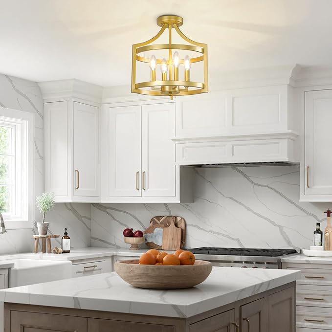 4-Light Chandelier, Gold Semi Flush Mount Ceiling Light Fixture Convertible Hanging Kitchen Pendant Lighting Over Island, Farmhouse Small Lantern Chandeliers for Dining Room Foyer Entryway