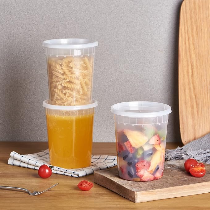 32 oz. Plastic Deli Containers With Lids, 24 Sets - Leakproof, Stackable, BPA Free, Microwavable, Freezer Safe (Formerly FULING)