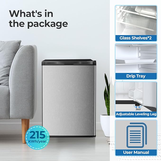 2.56 Cu.ft Compact Refrigerator with Reversible Single Door, Silver