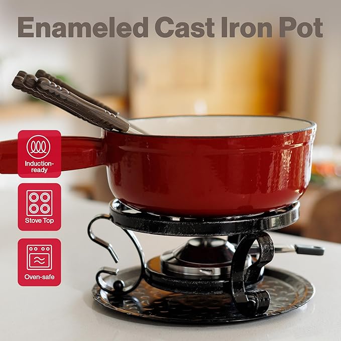 Swissmar Lugano Cast Iron Cheese Fondue Set, 9-Piece, 2 QT / 2 L - Ideal for Melting Cheese, Chocolates, Caramel, & More - Perfect for Kitchen Collection & Gift Giving - Cherry Red