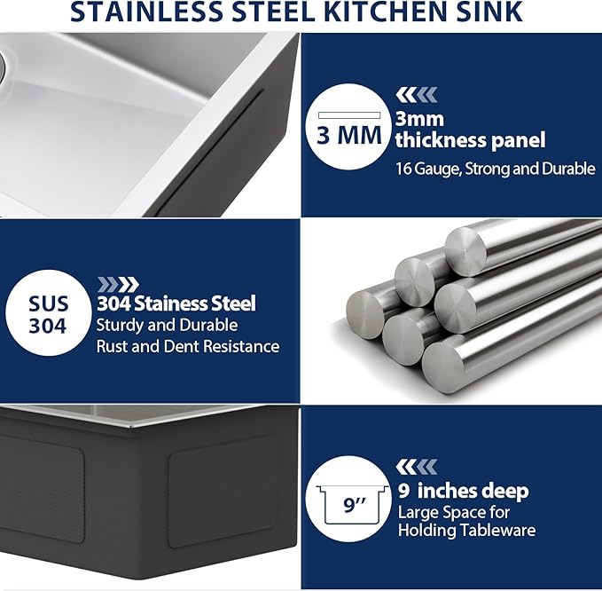Lordear Stainless Steel Bar Sink 18 Inch Drop In Kitchen Sinks 16 Gauge SUS304 Prep Bar Sink RV Wet Small Kitchen Sinks Indoor Outdoor 18x18x9 Inch