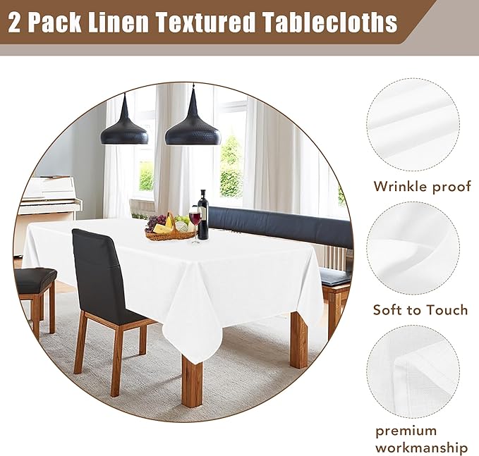 Fitable Faux Linen Tablecloths 2 Pack, Faux Burlap Fabric Table Clothes for Rectangle Tables, Rustic Table Covers for Kitchen Dining, Party, Farmhouse (White, 54 x 78 Inch)