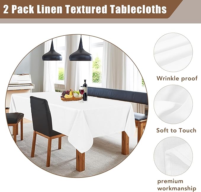 Fitable Faux Linen White Tablecloths 60 x 84 Inch - 2 Pack Textured Table Clothes for Rectangle Tables, Wrinkle-Proof Faux Burlap Table Covers for Dining, Farmhouse, Outdoor Picnic, Camping