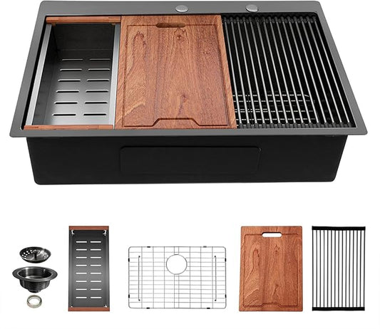 Lordear 28 Inch Drop in Kitchen Sink Gunmetal Black Drop in Single Bowl 16 Gauge Stainless Steel Ledge Workstation Topmount Overcounter Handmade Sink Basin, 28"x22"x10"