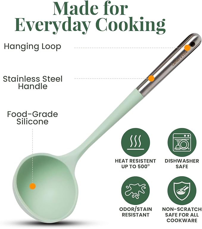 Larder & Vine 12-Piece Silicone Kitchen Cooking Utensils Set with Stainless Steel Handle and Ceramic Holder, Dishwasher Safe Set of Kitchen Essentials (Sage)