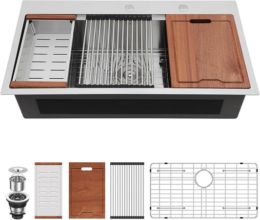 Lordear 36 Drop In Kitchen Sinks Worktation 16 Gauge Stainless Steel Single Bowl Ledge Worktation 36x19 Inch Topmount Overcounter Handmade Kitchen Sink Basin With Cutting Board