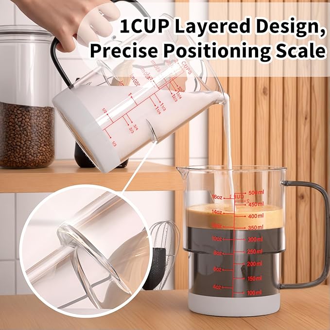 Newness 2-Cup Glass Measuring Cup For Baking and Cooking, (Upgraded, 3 Marking Including Cup/ML/Ounce Scale) Dishwasher, Freezer, Microwave, and Preheated Oven Safe, Essential Kitchen Tools