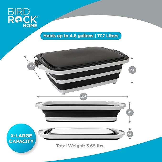 BIRDROCK HOME 2-pack Collapsible BBQ Prep Tub w/Cutting Board, Multi-Function Grill Caddy w/Colander & Lid, Portable Silicone Dish Bowl for Picnic, Tailgate, Camping (Black, X-Large)