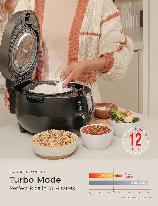 CUCKOO Twin Pressure Rice Cooker 6-Cup Uncooked / 12-Cup Cooked with Nonstick Inner Pot, Versatile Rice Maker & Warmer with 14 Menu Options, Voice Guide, Auto Clean, Black (CRP-RT0609FB)