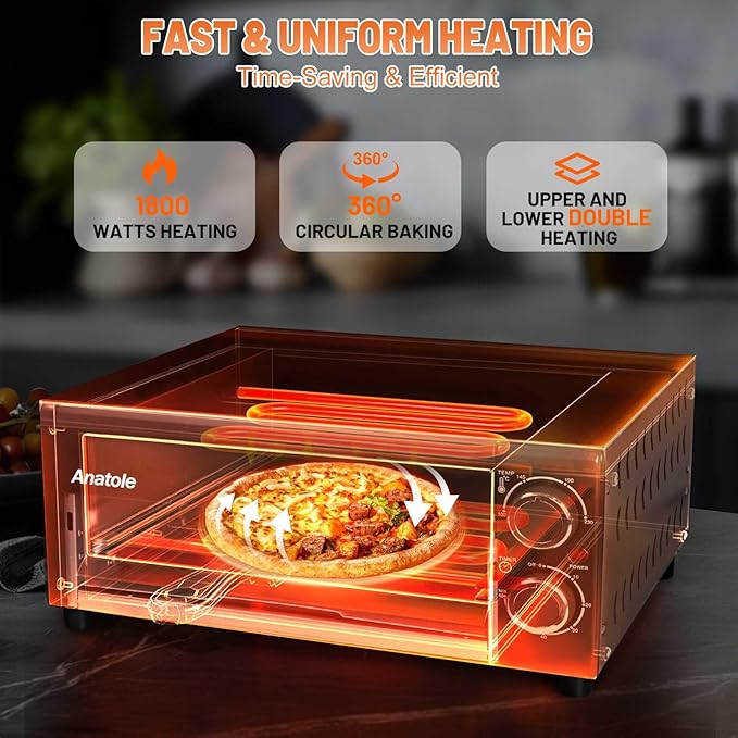 Anatole Electric Pizza Oven 12" 1800W Indoor Countertop Pizza Maker Time Temperature Adjustable Multifunctional Pizza Cooker with Removable Grill Crumb Tray ETL Certified