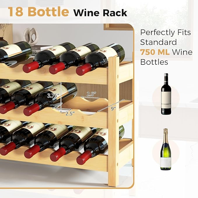 COSTWAY 3-Tier Bamboo Wine Rack, 18-Bottle Tabletop Wine Holder with Wave Slot, Freestanding Countertop Wine Bottle Organizer for Kitchen, Pantry, Pub & Wine Cellar, Natural