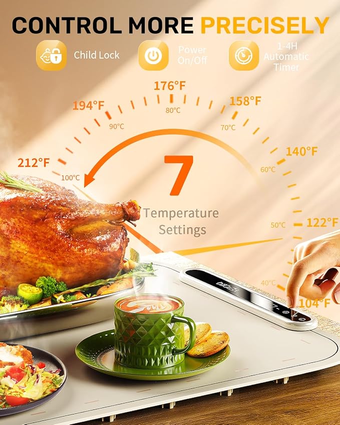Warming Mat for Food, VEPOKA Food Warmer Mat for Countertop, Electric Warming Tray with 7 Temp Levels & Auto Shut-Off, Food Warmers for Parties, Ideal Gift for Kitchen & Buffet Use