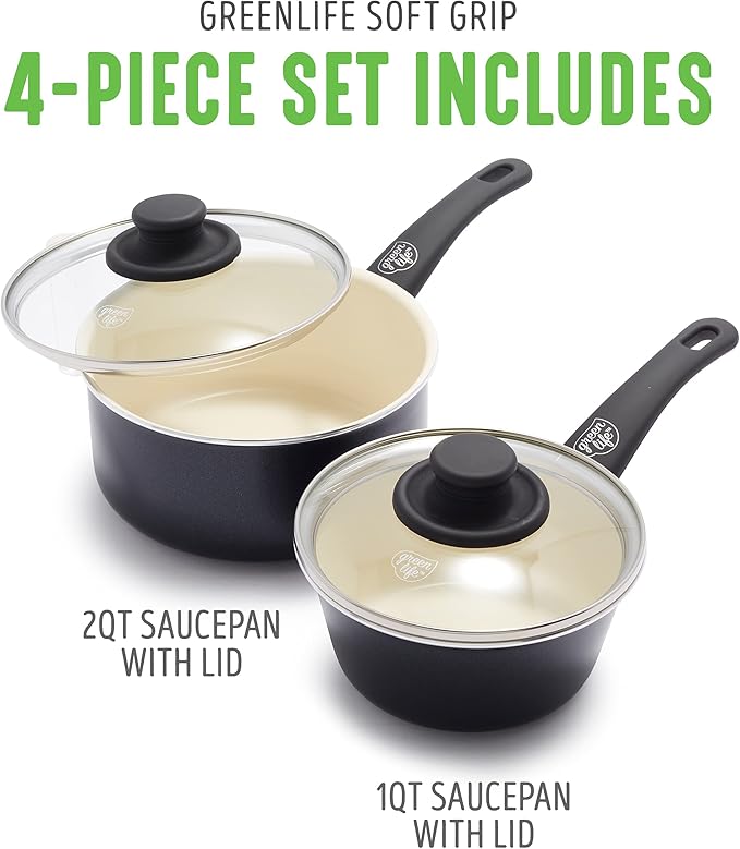 GreenLife Soft Grip 1QT and 2QT Saucepan Set, Healthy Ceramic Nonstick, Non Toxic PFAS-Free, Dishwasher Safe, Glass Lids, Stay-Cool Handles, Easy Clean Cookware, Kitchen Essentials, Black & Cream