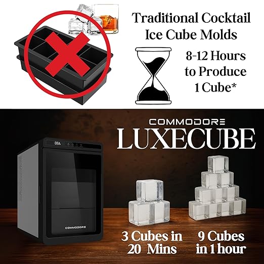COMMODORE LUXECUBE Luxury Ice Maker – 115V AC Large Cocktail Ice Machine, Produces 9 Crystal Clear 1.5" Ice Cubes per Hour, Stores 18 Cubes, Built-in Quiet Operation, Self-Cleaning, ETL Listed