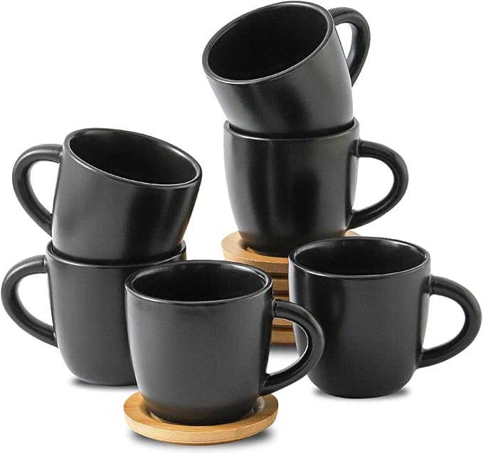 Hasense Porcelain Cappuccino Cups and Saucers Set of 6-6 Ounce Demitasse Espresso Mugs with Handle Perfect for Latte, Cafe Mocha, Double Shot and Tea, Black
