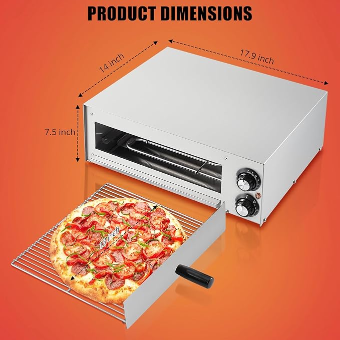 1100W Countertop Electric Pizza Oven,Stainless Steel Pizza Oven Maker with Timer & Removable Tray for Home, Kitchen & Restaurant, Silver