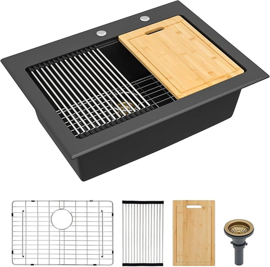 30"x22" Granite Composite Kitchen Sink – Matte Black Ledge Workstation Drop-In Topmount Granite Quartz Classic Single Bowl Sink Basin