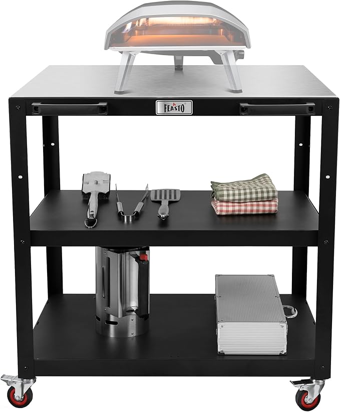 36''x 24'' Large Movable Pizza Oven Table for Outdoor, 304 Stainless Steel Grill Cart with Wheels, 3-Shelf Outdoor Kitchen Prep Table Pizza Oven Stand on Wheels for Pizza Oven& Griddle