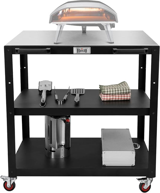 36''x 24'' Large Movable Pizza Oven Table for Outdoor, 304 Stainless Steel Grill Cart with Wheels, 3-Shelf Outdoor Kitchen Prep Table Pizza Oven Stand on Wheels for Pizza Oven& Griddle