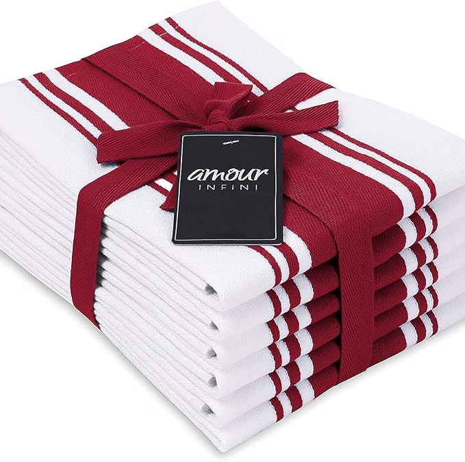 AMOUR INFINI Kitchen Towels 100% Cotton Pack of 6, Highly Absorbent Quick Drying Super Soft Premium Dish Towel for Kitchen with Hanging Loop Hand & Tea Towels - 20x28 Inch (Red)