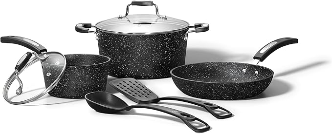 Starfrit The Rock 7PC Non-Stick Cookware Set - Durable Forged Aluminum - Oven Safe - PFOA Free - Easy to Clean - Black