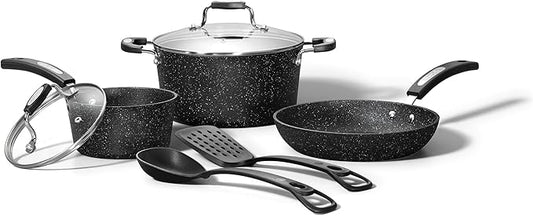 Starfrit The Rock 7PC Non-Stick Cookware Set - Durable Forged Aluminum - Oven Safe - PFOA Free - Easy to Clean - Black