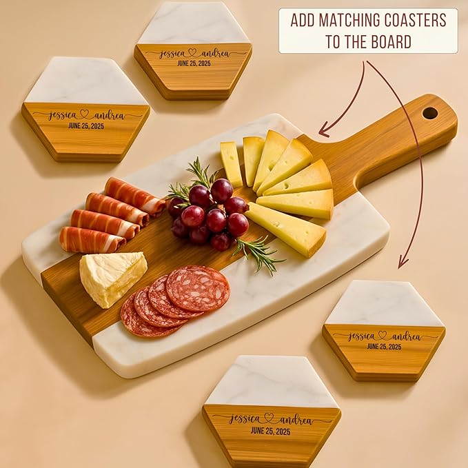 Personalized Cutting Board & 4 Coasters Set – Acacia Wood & Marble – Multi-Purpose, Food-Safe Charcuterie Boards – Gift for Weddings, Housewarmings, Christmas, Anniversaries & Bridal Showers Gifts
