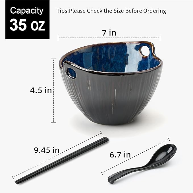 Ramen Bowl with Chopsticks and Spoons Set, 7 Inch Ceramic Noodle Bowl Set of 2, Dishwasher Safe for Pho Udon Soba Noodle Salad Pasta, Special Reactive Glazed Dark Blue Bowls Set