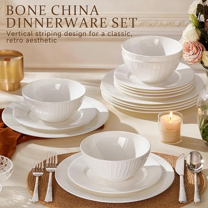 KINGSTONE Bone China Dinnerware Set, 12-Piece White Lightweight Porcelain with Textured Design Service for 4, Plates, Bowls, for Family Dining, Restaurants, Gifting，Microwave and Dishwasher Safe
