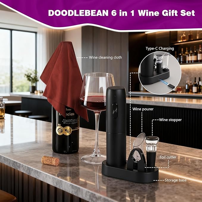 Electric Wine Opener Rechargeable Electric Wine Bottle Opener 6in1 with Charging Base Foil Cutter Vacuum Stopper and Pourer for Home Kitchen Bars Wedding Wine Lover Gifts