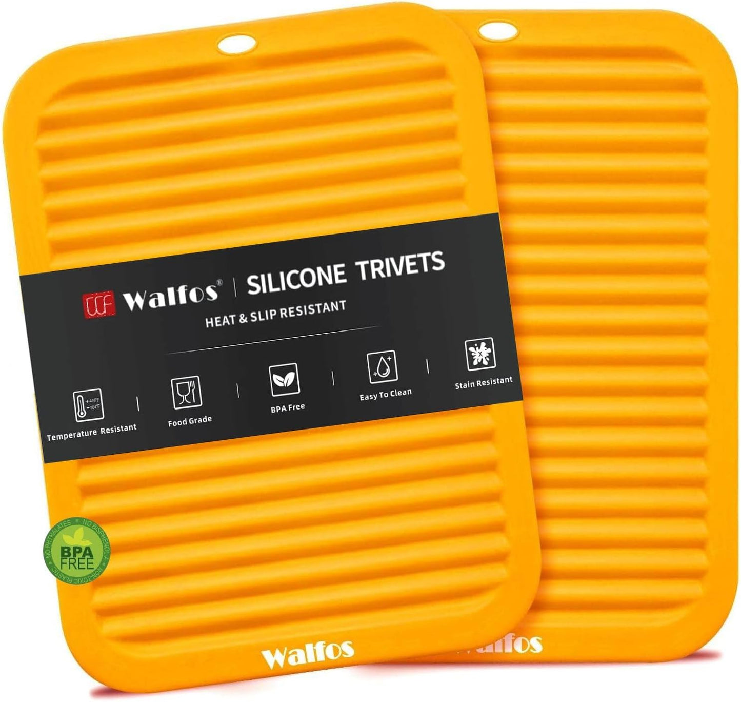 Walfos Silicone Trivets Set - Heat Resistant Pot Holder, Non-Slip and Flexible, 2 Pcs Multi-Purpose Kitchen Table Mat, Prefect for Hot Dishes, Jar Opener, Spoon Holder, Oven Mitts(Orange)