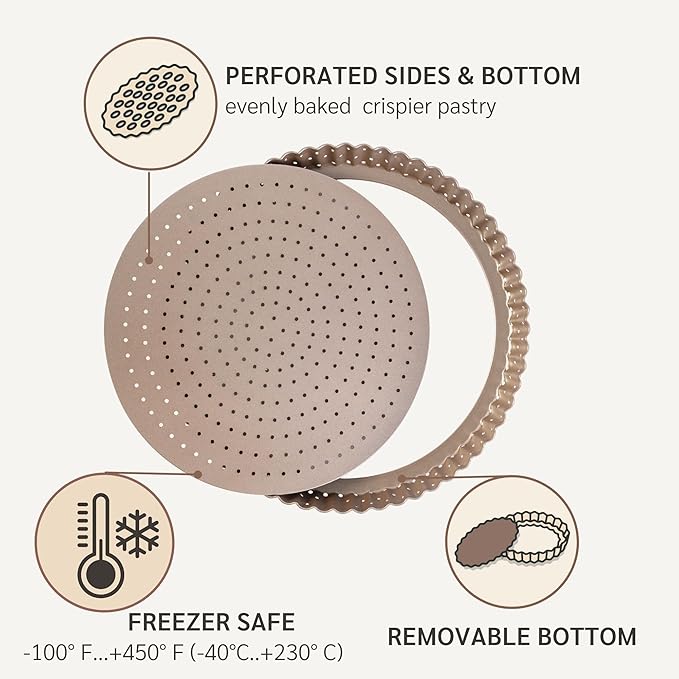 HAPPIELS Non-Toxic Nonstick 9-inch Tart Pan with Removable Bottom Perforated | Round Gold Quiche Pan
