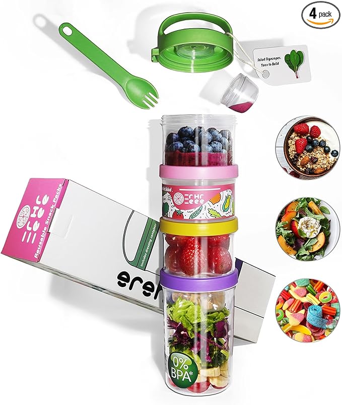 Portable & Airtight Food Storage Containers | 4-Piece Stackable Jars with Twist-Lock Lids | 60oz Leak-Proof BPA-Free Jars for Snacks, Formula & salads