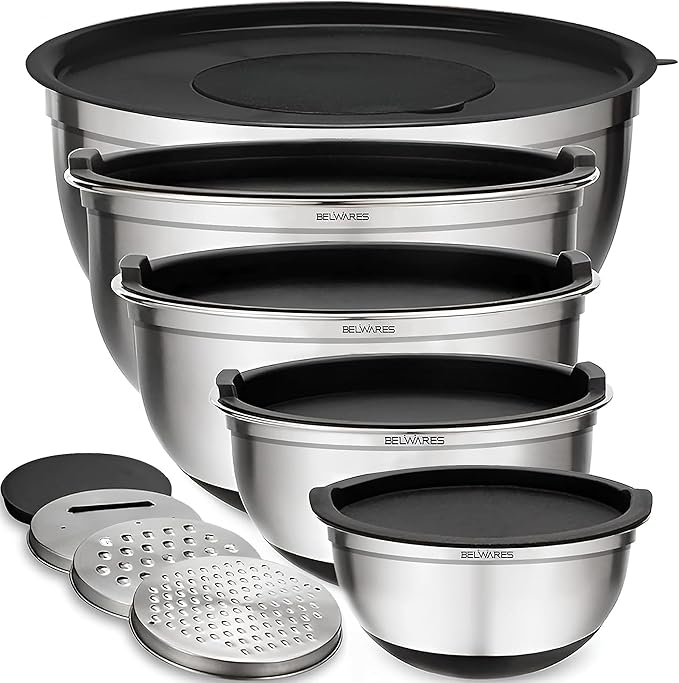 Mixing Bowls with Airtight Lids - 8PCS Stainless Steel Nesting Mixing Bowls Set with 3 Grater Attachments & Non-Slip Bottoms, Black Kitchen Bowls, Sizes 5, 4, 3.5, 2, 1.5QT for Baking & Kitchen Gift
