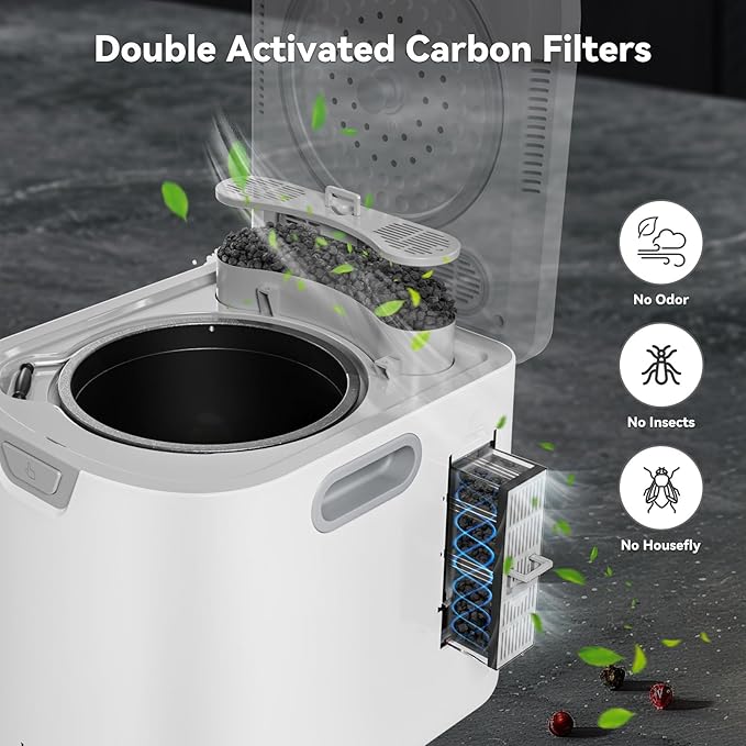 3.5L Electric Composter for Kitchen, Smart Compost Bin, Odorless Indoor Composter with 2 Detachable Carbon Filter, Turns Waste Into Dry Fertilizer, One-Touch Operation, White